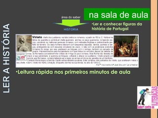 na na sala biblioteca de aula 
área do saber 
•Ler e conhecer figuras da 
história de Portugal 
•Leitura rápida nos primeiros minutos de aula 
 