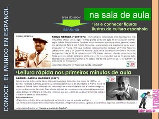na na sala biblioteca de aula 
área do saber 
•Ler e conhecer figuras 
ilustres da cultura espanhola 
•Leitura rápida nos primeiros minutos de aula 
 