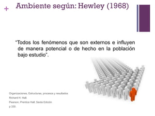 +
“Todos los fenómenos que son externos e influyen
de manera potencial o de hecho en la población
bajo estudio”.
Ambiente según: Hewley (1968)
Organizaciones, Estructuras, procesos y resultados
Richard H. Hall.
Pearson, Prentice Hall, Sexta Edición
p 330.
 