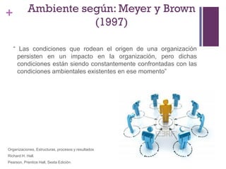 +
“ Las condiciones que rodean el origen de una organización
persisten en un impacto en la organización, pero dichas
condiciones están siendo constantemente confrontadas con las
condiciones ambientales existentes en ese momento”
Ambiente según: Meyer y Brown
(1997)
Organizaciones, Estructuras, procesos y resultados
Richard H. Hall.
Pearson, Prentice Hall, Sexta Edición.
 