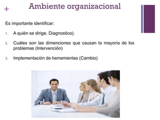 + Ambiente organizacional
Es importante identificar:
1. A quién se dirige. Diagnostico).
2. Cuáles son las dimenciones que causan la mayoría de los
problemas (Intervención)
3. Implementación de herramientas (Cambio)
 
