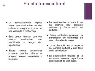 +
 La transculturación implica
tomar una costumbre de otra
cultura e integrarla a otra, ya
sea valorada o rechazada
 Esto puede implicar que esa
misma costumbre sea
modificada o tenga otro
significado.
 Estas nuevas costumbres
provocan que las culturas se
adapten pero no que asimilen a
las otras.
 La aculturación, en cambio se
da cuando hay contacto
continuo y directo entre dos
culturas.
 Estos contactos provocan la
transmisión de elementos de
una cultura hacia la otra.
 La aculturación es un aspecto
del cambio cultural y una fase
de la asimilación.
 La aculturación forzada es la
esclavista, colonial, organizada
en provecho de una clase.
Efecto transcultural
 
