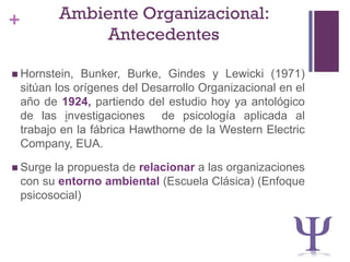 + Ambiente Organizacional:
Antecedentes
 Hornstein, Bunker, Burke, Gindes y Lewicki (1971)
sitúan los orígenes del Desarrollo Organizacional en el
año de 1924, partiendo del estudio hoy ya antológico
de las investigaciones de psicología aplicada al
trabajo en la fábrica Hawthorne de la Western Electric
Company, EUA.
 Surge la propuesta de relacionar a las organizaciones
con su entorno ambiental (Escuela Clásica) (Enfoque
psicosocial)
 