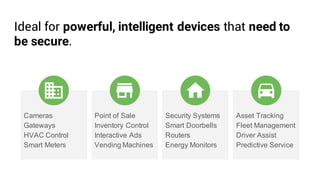 Cameras
Gateways
HVAC Control
Smart Meters
Point of Sale
Inventory Control
Interactive Ads
Vending Machines
Security Systems
Smart Doorbells
Routers
Energy Monitors
Asset Tracking
Fleet Management
Driver Assist
Predictive Service
Ideal for powerful, intelligent devices that need to
be secure.
 