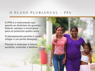 O P L A N O P L U R I A N U A L – P P A
O PPA é o instrumento que
aponta as diretrizes do governo
federal, estados e municípios
para os próximos quatro anos.
O planejamento permite à nação
chegar a um ponto desejado.
Planejar é antecipar o futuro,
portanto, controlar o destino.
 