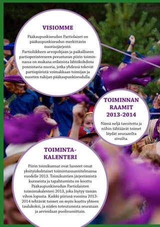 VISIOMME
     Pääkaupunkiseudun Partiolaiset on
      pääkaupunkiseudun merkittävin
               nuorisojärjestö.
 Partioliikkeen arvopohjaan ja paikalliseen
partioperinteeseen perustuvan piirin toimin-
 nassa on mukana erilaisista lähtökohdista
 ponnistavia nuoria, jotka yhdessä tekevät
    partiopiiristä voimakkaan toimijan ja
   nuorten tukijan pääkaupunkiseudulla.




                                                 TOIMINNAN
                                                   RAAMIT
                                                  2013-2014
                                                Nämä neljä tavoitetta ja
                                                niihin tähtäävät toimet
                                                   löydät seuraavilta
                                                        sivuilta.

             TOIMINTA-
             KALENTERI
     Piirin toimikunnat ovat luoneet omat
  yksityiskohtaiset toimintasuunnitelmansa
  vuodelle 2013. Toimikuntien järjestämistä
     kursseista ja tapahtumista on koottu
       Pääkaupunkiseudun Partiolaisten
  toimintakalenteri 2013, joka löytyy tämän
 vihon lopusta. Kaikki piirissä vuosina 2013-
 2014 tehtävät toimet on myös koottu yhteen
 taulukoksi, ja niiden toteutumista seurataan
          ja arvioidaan puolivuosittain.
 
