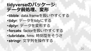 tidyverseのパッケージ:
データ前処理、変形
•tibble: data.frameを扱いやすくする
•tidyr: データをtidyにする
•dplyr: データを変形する
•forcats: factorを扱いやすくする
•lubridate, hms: 時刻型を扱いやすくする
•stringr: 文字列を扱いやすくする
20
 