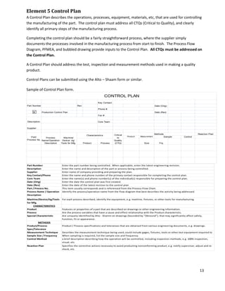 13
Element 5 Control Plan
A Control Plan describes the operations, processes, equipment, materials, etc, that are used for controlling
the manufacturing of the part. The control plan must address all CTQs (Critical to Quality), and clearly
identify all primary steps of the manufacturing process.
Completing the control plan should be a fairly straightforward process, where the supplier simply
documents the processes involved in the manufacturing process from start to finish. The Process Flow
Diagram, PFMEA, and bubbled drawing provide inputs to the Control Plan. All CTQs must be addressed on
the Control Plan.
A Control Plan should address the test, inspection and measurement methods used in making a quality
product.
Control Plans can be submitted using the Alto – Shaam form or similar.
Sample of Control Plan form.
Key Contact:
Part Number Rev:
Phone #:
Production Control Plan
Fax #:
Core Team
Reaction Plan
Product/
Process
Measurement
Technique
Control
Process Size Frq
Supplier:
Part/
Process No.
Process
Name/Operation
Description
Machine/
Device/ Jig/
Tools for Mfg.
Characteristics Critical
to
Quality
(CTQ)
Methods
Sample
Product
Description:
CONTROL PLAN
Date (Orig):
Date (Rev):
X
Part Number
Description
Supplier
Key Contact/Phone
Core Team
Date (Orig)
Date (Rev)
Part / Process No.
Process Name / Operation
Description
Machine/Device/Jig/Tools
for Mfg.
CHARACTERISTICS
Product
Process
Special Characteristic
METHODS
Product/Process
Spec/Tolerance
Measurement Technique
Sample Size / Frequency
Control Method
Reaction Plan
When sampling is required, list the sample size and frequency.
a brief description describing how the operation will be controlled, including inspection methods, e.g. 100% inspection,
visual, etc.
Specifies the corrective actions necessary to avoid producting nonconforming product, e.g. notify supervisor, adjust and re-
check, etc.
Features or properties of a part that are described on drawings or other engineering information.
Are the process variables that have a cause and effect relationship with the Product characteristic.
Are uniquely identified by Alto - Shamm on drawings (bounded by "Obround"), that may significantly affect safety,
function, fit or appearance.
Product / Process specifications and tolerances that are obtained from various engineering documents, e.g. drawings.
Describes the measurement technique being used; could include gages, fixtures, tools or other test equipment required to
Enter the part number being controlled. When applicable, enter the latest engineering revision.
Enter the name and description of the part or process being controlled.
Enter name of company providing and preparing the plan.
Enter the name and phone number of the primary contact responsible for completing the control plan.
Enter the name(s) and phone number(s) of the individual(s) responsible for preparing the control plan.
Enter the date the control plan was first created.
Enter the date of the latest revision to the control plan
This item usually corresponds and is referenced from the Process Flow Chart.
Identify the process/operation name from the flow diagram that best describes the activity being addressed.
For each process described, identify the equipment, e.g. machine, fixtures, or other tools for manufacturing.
 