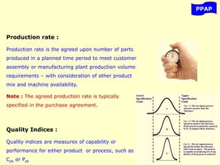 PPAP
Production rate :
Production rate is the agreed upon number of parts
produced in a planned time period to meet customer
assembly or manufacturing plant production volume
requirements – with consideration of other product
mix and machine availability.
Note : The agreed production rate is typically
specified in the purchase agreement.
Quality Indices :
Quality indices are measures of capability or
performance for either product or process, such as
Cpk or Ppk
 