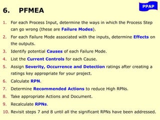 6. PFMEA
PPAP
1. For each Process Input, determine the ways in which the Process Step
can go wrong (these are Failure Modes).
2. For each Failure Mode associated with the inputs, determine Effects on
the outputs.
3. Identify potential Causes of each Failure Mode.
4. List the Current Controls for each Cause.
5. Assign Severity, Occurrence and Detection ratings after creating a
ratings key appropriate for your project.
6. Calculate RPN.
7. Determine Recommended Actions to reduce High RPNs.
8. Take appropriate Actions and Document.
9. Recalculate RPNs.
10. Revisit steps 7 and 8 until all the significant RPNs have been addressed.
 