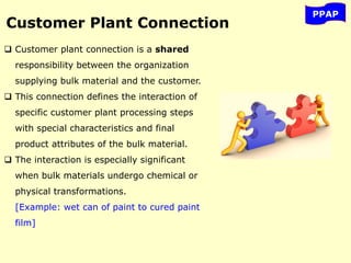 PPAP
Customer Plant Connection
 Customer plant connection is a shared
responsibility between the organization
supplying bulk material and the customer.
 This connection defines the interaction of
specific customer plant processing steps
with special characteristics and final
product attributes of the bulk material.
 The interaction is especially significant
when bulk materials undergo chemical or
physical transformations.
[Example: wet can of paint to cured paint
film]
 