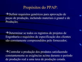 Propósitos do PPAP:
Definir requisitos genéricos para aprovação de
peças de produção, incluindo materiais à granel e de
Produção;


Determinar se todos os registros de projetos de
Engenharia e requisitos de especificação dos clientes
são corretamente compreendidos pelo fornecedor;


Controlar a produção dos produtos satisfazendo
constantemente as exigências acima durante o período
de produção real a uma taxa de produção cotada.
 