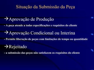 Situação da Submissão da Peça

Aprovação de Produção
- A peça atende a todas especificações e requisitos do cliente

Aprovação Condicional ou Interina
- Permite liberação de peças com limitações de tempo ou quantidade

Rejeitado
- a submissão das peças não satisfazem os requisitos do cliente
 