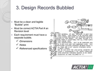 3. Design Records Bubbled
 Must be a clean and legible
“Bubble” print
 Must be correct ACTIA Part # and
Revision level
 Each requirement must have a
separate bubble.
 -Dimensions
 -Notes
 -Referenced specifications
 