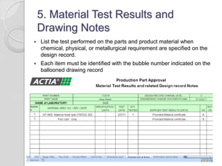 5. Material Test Results and
Drawing Notes
 List the test performed on the parts and product material when
chemical, physical, or metallurgical requirement are specified on the
design record.
 Each item must be identified with the bubble number indicated on the
ballooned drawing record
 