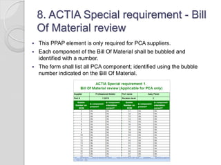 8. ACTIA Special requirement - Bill
Of Material review
 This PPAP element is only required for PCA suppliers.
 Each component of the Bill Of Material shall be bubbled and
identified with a number.
 The form shall list all PCA component; identified using the bubble
number indicated on the Bill Of Material.
 