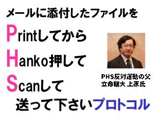 メールに添付したファイルを
Printしてから
Hanko押して
Scanして
送って下さいプロトコル
 