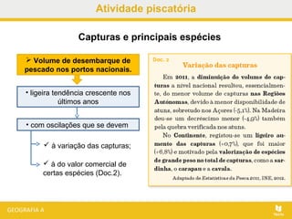 Atividade piscatória
• ligeira tendência crescente nos
últimos anos
Capturas e principais espécies
 Volume de desembarque de
pescado nos portos nacionais.
• com oscilações que se devem
 à variação das capturas;
 à do valor comercial de
certas espécies (Doc.2).
 