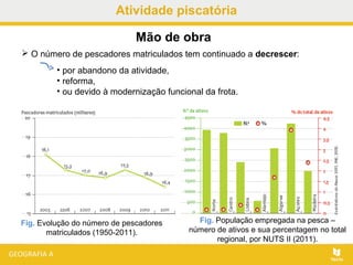 Atividade piscatória
 O número de pescadores matriculados tem continuado a decrescer:
• por abandono da atividade,
• reforma,
• ou devido à modernização funcional da frota.
Mão de obra
Fig. Evolução do número de pescadores
matriculados (1950-2011).
Fig. População empregada na pesca –
número de ativos e sua percentagem no total
regional, por NUTS II (2011).
 