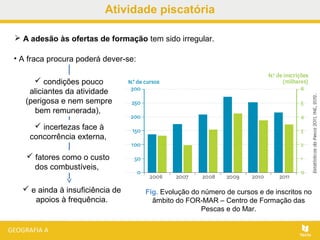 Atividade piscatória
 A adesão às ofertas de formação tem sido irregular.
Fig. Evolução do número de cursos e de inscritos no
âmbito do FOR-MAR – Centro de Formação das
Pescas e do Mar.
 e ainda à insuficiência de
apoios à frequência.
• A fraca procura poderá dever-se:
 condições pouco
aliciantes da atividade
(perigosa e nem sempre
bem remunerada),
 incertezas face à
concorrência externa,
 fatores como o custo
dos combustíveis,
 