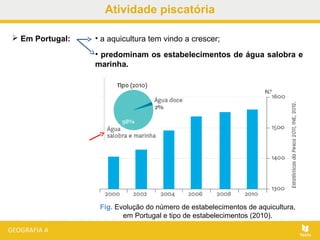 Atividade piscatória
 Em Portugal:
Fig. Evolução do número de estabelecimentos de aquicultura,
em Portugal e tipo de estabelecimentos (2010).
• a aquicultura tem vindo a crescer;
• predominam os estabelecimentos de água salobra e
marinha.
 