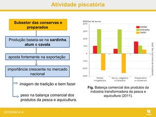 Atividade piscatória
Fig. Balança comercial dos produtos da
indústria transformadora da pesca e
aquicultura (2011).
Produção baseia-se na sardinha,
atum e cavala
Subsetor das conservas e
preparados
aposta fortemente na exportação
importância crescente no mercado
nacional
imagem de tradição e bem fazer
peso na balança comercial dos
produtos da pesca e aquicultura.
 