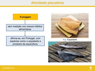 Fumagem
sem tradição nos nossos hábitos
alimentares
afirma-se, em Portugal, com
espécies como o espadarte e
produtos da aquicultura.
Fig. Espadarte
Atividade piscatória
 