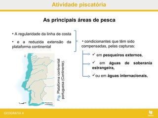 Atividade piscatória
• A regularidade da linha de costa
• e a reduzida extensão da
plataforma continental
As principais áreas de pesca
 em pesqueiros externos,
 em águas de soberania
estrangeira,
ou em águas internacionais.
Fig.Plataformacontinental
portuguesa(Continente).
• condicionantes que têm sido
compensadas, pelas capturas:
 