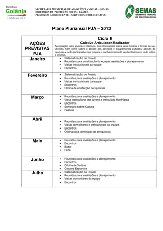 SECRETARIA MUNICIPAL DE ASSISTÊNCIA SOCIAL – SEMAS
   DIRETORIA DE PROTEÇÃO SOCIAL BÁSICA
   PROJOVEM ADOLESCENTE – SERVIÇO SOCIOEDUCATIVO




              Plano Plurianual PJA – 2013

                                                       Ciclo II
  AÇÕES                                Coletivo Articulador-Realizador
                Apropriação pelos jovens e Coletivos, das informações sobre seus direitos e formas de seu
PREVISTAS       usufruto, bem como sobre o acesso aos serviços e equipamentos públicos, através de
                pesquisa e ação participativa que propicie o conhecimento do seu território com visão crítica
   PJA          e proativa.
  Janeiro           •    Sistematização do Projeto
                    •    Reuniões para atualização da equipe, avaliações e planejamento
                    •    Visitas institucionais da equipe
                    •    Encontros

Fevereiro           •    Sistematização do Projeto
                    •    Reuniões para avaliações e planejamento
                    •    Visitas institucionais da equipe
                    •    Encontros
                    •    Oficina de confecção de bijuterias


  Março             •    Reuniões para avaliações e planejamento
                    •    Visita institucional dos jovens a instituição filantrópica
                    •    Encontros
                    •    Seminário sobre Cultura
                    •    Passeio


  Abril             •    Reuniões para avaliações e planejamento
                    •    Visitas domiciliares e institucionais da equipe
                    •    Encontros
                    •    Oficina para confecção de brinquedos


  Maio              •    Reuniões para avaliações e planejamento
                    •    Encontros
                    •    Bazar
                    •    Feira


  Junho             •    Reuniões para avaliações e planejamento
                    •    Encontros
                    •    Oficina de Xadrez
                    •    Gincana Esportiva
  Julho             •    Sistematização do Projeto
                    •    Reuniões para avaliações e planejamento
                    •    Visitas domiciliares da equipe
                    •    Encontros
 