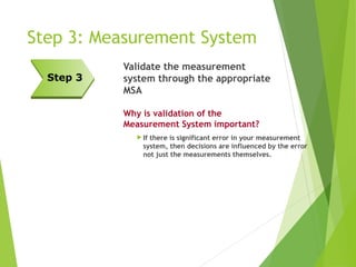 Step 3: Measurement System
Validate the measurement
system through the appropriate
MSA
Why is validation of the
Measurement System important?
 If there is significant error in your measurement
system, then decisions are influenced by the error
not just the measurements themselves.
Step 3
 