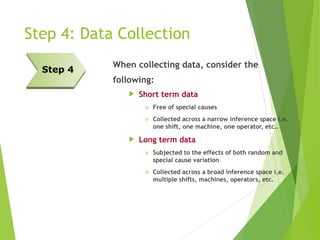Step 4: Data Collection
When collecting data, consider the
following:
 Short term data
» Free of special causes
» Collected across a narrow inference space i.e.
one shift, one machine, one operator, etc..
 Long term data
» Subjected to the effects of both random and
special cause variation
» Collected across a broad inference space i.e.
multiple shifts, machines, operators, etc.
Step 4
 