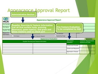 Appearance Approval Report
Appearance Approval Report
Appearance Evaluation
Approved to Texture
Customer Representative
signature and Date
Pre-Texture
Evaluation
Correct and Proceed
Correct and Resubmit
Supplier Code
Other
Supplier Name Manufacturing Location
Application
Part Name Buyer E/C Level Date
Part Number Drawing Number
Reason for
Submission
Supplier Sourcing and Texture Information
Part Submission Warrant
Pre Texture
Special Sample
First Production Shipment
Re-Submission
Engineering Change
Administrative Section
Supplier Sourcing & Texture Information
List all first surface tools, graining
Source(s), grain type(s), and grain and
Gloss masters used to check part
Pre-Texture Evaluation
To be completed by SQE
 
