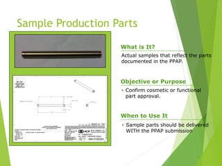 Sample Production Parts
Actual samples that reflect the parts
documented in the PPAP.
What is It?
Objective or Purpose
• Confirm cosmetic or functional
part approval.
When to Use It
• Sample parts should be delivered
WITH the PPAP submission
 