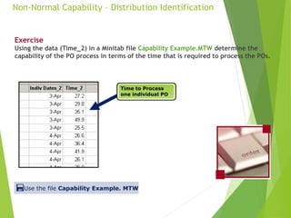Non-Normal Capability – Distribution Identification
Exercise
Using the data (Time_2) in a Minitab file Capability Example.MTW determine the
capability of the PO process in terms of the time that is required to process the POs.
Time to Process
one individual PO
Use the file Capability Example. MTW
 
