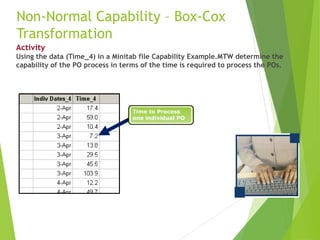 Non-Normal Capability – Box-Cox
Transformation
Activity
Using the data (Time_4) in a Minitab file Capability Example.MTW determine the
capability of the PO process in terms of the time is required to process the POs.
Time to Process
one individual PO
 