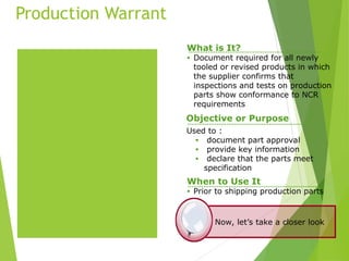 Production Warrant
Now, let’s take a closer look
What is It?
• Document required for all newly
tooled or revised products in which
the supplier confirms that
inspections and tests on production
parts show conformance to NCR
requirements
Used to :
• document part approval
• provide key information
• declare that the parts meet
specification
Objective or Purpose
When to Use It
• Prior to shipping production parts
 