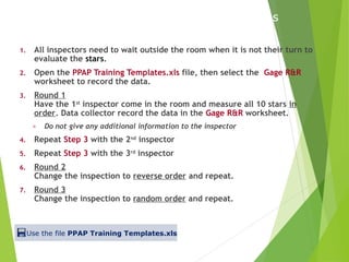 1. All inspectors need to wait outside the room when it is not their turn to
evaluate the stars.
2. Open the PPAP Training Templates.xls file, then select the Gage R&R
worksheet to record the data.
3. Round 1
Have the 1st
inspector come in the room and measure all 10 stars in
order. Data collector record the data in the Gage R&R worksheet.
» Do not give any additional information to the inspector
4. Repeat Step 3 with the 2nd
inspector
5. Repeat Step 3 with the 3rd
inspector
6. Round 2
Change the inspection to reverse order and repeat.
7. Round 3
Change the inspection to random order and repeat.
Gage R&R Exercise – Inspection Instructions
Use the file PPAP Training Templates.xls
 