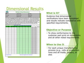 Dimensional Results
Evidence that dimensional
verifications have been completed
and results indicate compliance with
specified requirements.
What is It?
Objective or Purpose
• To show conformance to the
customer part print on dimensions
and all other noted requirements.
When to Use It
• For each unique manufacturing
process (e.g., cells or production
lines and all molds, patters, or
dies
Date: Supplier Name: Date Code:
Part Number: Facility Location: Inspected By:
Revision: Supplier Code: Verified By:
Print zone or
spec note
Nominal
Value Tol + Tol - Sample 1 Sample 2 Sample 3 Sample 4 Sample 5 Cp Cpk Pass/Fail
#DIV/0! #DIV/0!
#DIV/0! #DIV/0!
#DIV/0! #DIV/0!
#DIV/0! #DIV/0!
#DIV/0! #DIV/0!
#DIV/0! #DIV/0!
#DIV/0! #DIV/0!
#DIV/0! #DIV/0!
#DIV/0! #DIV/0!
#DIV/0! #DIV/0!
#DIV/0! #DIV/0!
#DIV/0! #DIV/0!
#DIV/0! #DIV/0!
#DIV/0! #DIV/0!
#DIV/0! #DIV/0!
#DIV/0! #DIV/0!
#DIV/0! #DIV/0!
#DIV/0! #DIV/0!
#DIV/0! #DIV/0!
#DIV/0! #DIV/0!
#DIV/0! #DIV/0!
#DIV/0! #DIV/0!
#DIV/0! #DIV/0!
#DIV/0! #DIV/0!
#DIV/0! #DIV/0!
#DIV/0! #DIV/0!
#DIV/0! #DIV/0!
#DIV/0! #DIV/0!
#DIV/0! #DIV/0!
#DIV/0! #DIV/0!
#DIV/0! #DIV/0!
#DIV/0! #DIV/0!
#DIV/0! #DIV/0!
#DIV/0! #DIV/0!
List Gage R&R value: Name and ID of gage(s) used for measurement:
Cpk less than 1.33 will require action for improvement
The number of non-critical data points required for part qualification is 5. The non-critical data points
must be taken from the same 35-piece sample as the critical data points. Five parts from a production
run must be shipped to NCR for verification of form, fit, and function. The same 5 parts will be used to
verify both critical and non-critical dimensions. The supplier must clearly identify which of the 35 parts
are being shipped. Non-critical dimensional results for the 5 parts being shipped must be entered
below. Critical dimensional results must be entered into the "FAI Critical Dimensions" worksheet. The
supplier should make every effort to ship 5 parts that represent both the low and high ends of the
specifications for the non-critical dimensions.
FAI Non-Critical Dimensions
 