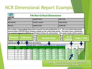 Date: Supplier Name: Date Code:
Part Number: Facility Location: Inspected By:
Revision: Supplier Code: Verified By:
Print zone or
spec note
Nominal
Value Tol + Tol - Sample 1 Sample 2 Sample 3 Sample 4 Sample 5 Cp Cpk Pass/Fail
35 0.50 0.50 34.86 34.78 34.88 34.86 34.82 4.167 2.833 Pass
76 0.50 0.50 75.96 76.08 75.92 75.93 76.09 2.017 2.001 Pass
3 0.50 0.50 3.175 3.18 3.156 3.168 3.178 17.118 11.250 Pass
3 0.50 0.50 3.18 3.156 3.178 3.175 3.18 16.406 10.703 Pass
3 0.50 0.50 3.18 3.175 3.174 3.18 3.156 16.836 11.011 Pass
3 0.50 0.50 3.156 3.18 3.173 3.175 3.18 16.862 11.034 Pass
Cpk less than 1.33 will require action for improvement
The number of non-critical data points required for part qualification is 5. The non-critical data points
must be taken from the same 35-piece sample as the critical data points. Five parts from a production
run must be shipped to NCR for verification of form, fit, and function. The same 5 parts will be used to
verify both critical and non-critical dimensions. The supplier must clearly identify which of the 35 parts
are being shipped. Non-critical dimensional results for the 5 parts being shipped must be entered
below. Critical dimensional results must be entered into the "FAI Critical Dimensions" worksheet. The
supplier should make every effort to ship 5 parts that represent both the low and high ends of the
specifications for the non-critical dimensions.
FAI Non-Critical Dimensions
NCR Dimensional Report Example
Nominal Value
Tolerance Sample Data
Cp & Cpk
Calculations
Pass / Fail
Cpk
Cpk > 1.33 for all
1.33 for all non-critical
non-critical
dimensions = Pass!
dimensions = Pass!
 