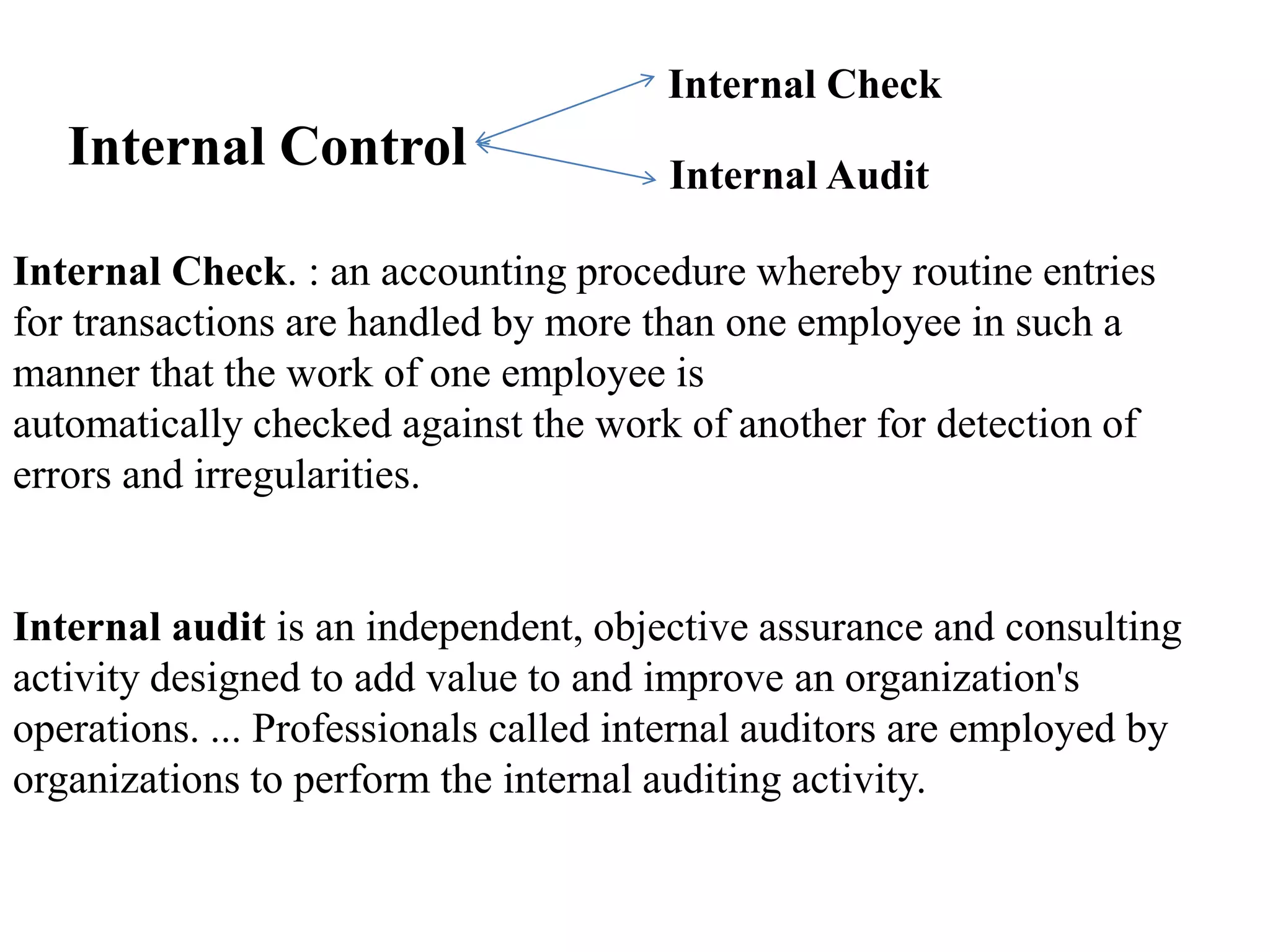 Internal Check. : an accounting procedure whereby routine entries
for transactions are handled by more than one employee in such a
manner that the work of one employee is
automatically checked against the work of another for detection of
errors and irregularities.
Internal audit is an independent, objective assurance and consulting
activity designed to add value to and improve an organization's
operations. ... Professionals called internal auditors are employed by
organizations to perform the internal auditing activity.
Internal Check
Internal Audit
Internal Control
 