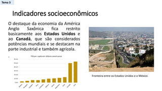 Indicadores socioeconômicos
O destaque da economia da América
Anglo Saxônica fica restrito
basicamente aos Estados Unidos e
ao Canadá, que são considerados
potências mundiais e se destacam na
parte industrial e também agrícola.
.
Fronteira entre os Estados Unidos e o México.
Tema 3
 