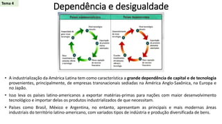 Dependência e desigualdade
• A industrialização da América Latina tem como característica a grande dependência de capital e de tecnologia
provenientes, principalmente, de empresas transnacionais sediadas na América Anglo-Saxônica, na Europa e
no Japão.
• Isso leva os países latino-americanos a exportar matérias-primas para nações com maior desenvolvimento
tecnológico e importar delas os produtos industrializados de que necessitam.
• Países como Brasil, México e Argentina, no entanto, apresentam as principais e mais modernas áreas
industriais do território latino-americano, com variados tipos de indústria e produção diversificada de bens.
Tema 4
 