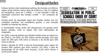 Desigualdades
Embora tenham sido implantadas políticas de inclusão, em 2014 os
negros ainda sofriam muitos tipos de violência e, dos 2,5 milhões
de presidiários, cerca de 1 milhão — o que equivale a 40% da
população carcerária dos Estados Unidos — era composto de
negros.
Grande parte da população negra dos Estados Unidos vive em
condições precárias, em verdadeiros guetos, e essa situação
também se estende aos latinos.
A mentalidade racista ainda não desapareceu em grande parte
desses estados, onde os negros têm mais dificuldades de
integração.
Em 1970, a taxa de pobreza nos Estados Unidos entre os negros era
de 33,6% e, em 2012, de 35%. Nesse mesmo período, essa taxa
subiu de 10% para 13% entre os brancos e de 24,3% para 33%
entre os latinos.
Desde a década de 1970, a taxa de desemprego entre negros foi
sempre 60% superior que entre brancos. Em 2014, a taxa de
desemprego foi de 5,8% entre brancos, 11,3% entre latinos e
12,4% entre negros
Tema 2
 