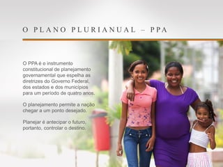 O P L A N O P L U R I A N U A L – P P A
O PPA é o instrumento
constitucional de planejamento
governamental que espelha as
diretrizes do Governo Federal,
dos estados e dos municípios
para um período de quatro anos.
O planejamento permite a nação
chegar a um ponto desejado.
Planejar é antecipar o futuro,
portanto, controlar o destino.
 