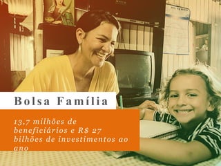 13,7 milhões de
beneficiários e R$ 27
bilhões de investimentos ao
ano
Bolsa Família
 