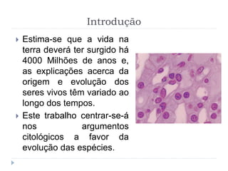 Introdução
 Estima-se que a vida na
terra deverá ter surgido há
4000 Milhões de anos e,
as explicações acerca da
origem e evolução dos
seres vivos têm variado ao
longo dos tempos.
 Este trabalho centrar-se-á
nos argumentos
citológicos a favor da
evolução das espécies.
 
