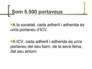 Som 5.500 portaveus

A la societat, cada adherit i adherida és
un/a portaveu d’ICV.

A ICV, cada adherit i adherida és un/a
portaveu del seu barri, de la seva feina,
del seu entorn.
 