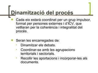 Dinamització del procés
   Cada eix estarà coordinat per un grup impulsor,
    format per persones externes i d’ICV, que
    vetllaran per la coherència i integralitat del
    procés.

   Seran les encarregades de:
     Dinamitzar els debats.
     Coordinar-se amb les agrupacions
      territorials i sectorials.
     Recollir les aportacions i incorporar-les als
      documents.
 