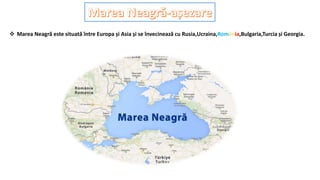  Marea Neagră este situată între Europa și Asia și se învecinează cu Rusia,Ucraina,România,Bulgaria,Turcia și Georgia.
 
