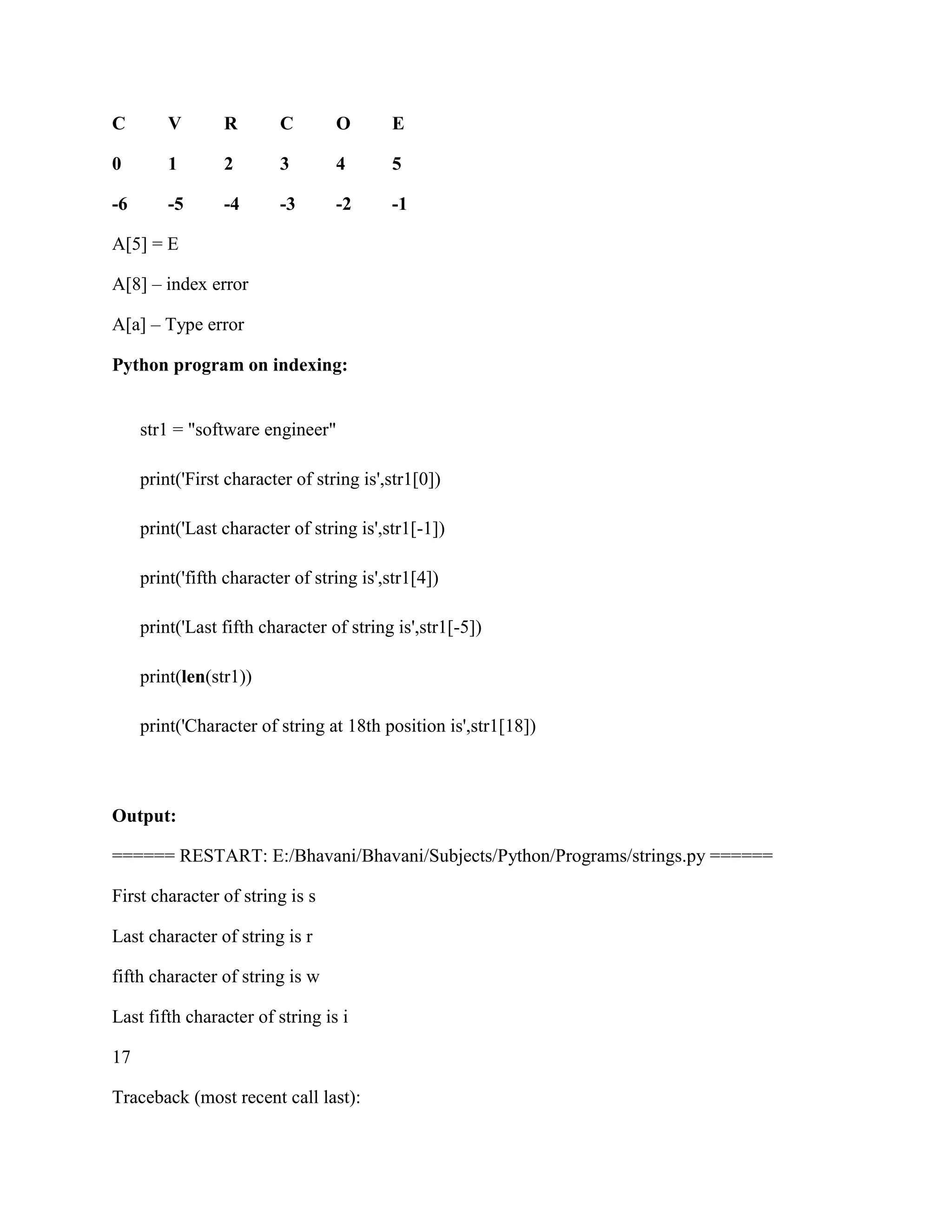 C V R C O E
0 1 2 3 4 5
-6 -5 -4 -3 -2 -1
A[5] = E
A[8] – index error
A[a] – Type error
Python program on indexing:
str1 = "software engineer"
print('First character of string is',str1[0])
print('Last character of string is',str1[-1])
print('fifth character of string is',str1[4])
print('Last fifth character of string is',str1[-5])
print(len(str1))
print('Character of string at 18th position is',str1[18])
Output:
====== RESTART: E:/Bhavani/Bhavani/Subjects/Python/Programs/strings.py ======
First character of string is s
Last character of string is r
fifth character of string is w
Last fifth character of string is i
17
Traceback (most recent call last):
 